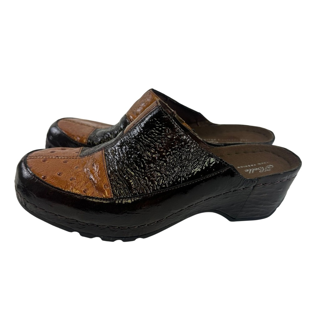 Helle Comfort Mules Brown Patchwork Ostrich Embossed Platform Clogs Women 40 US9